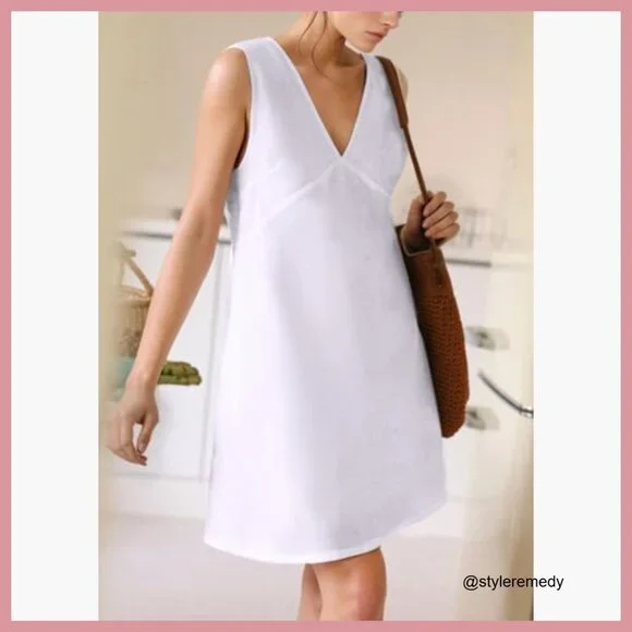 Cotton Linen Sleeveless Mini Dress V Neck Cinched A Line Slim Fit - Picture 3 of 7